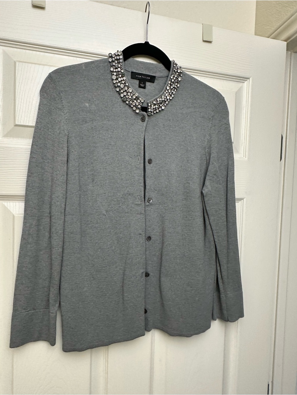 Ann Taylor Gray Jeweled Collar Cardigan